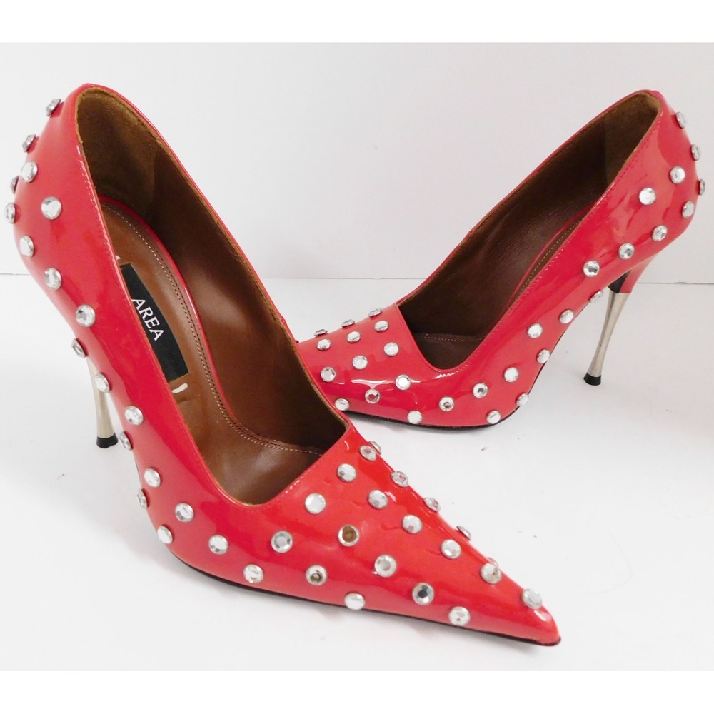 AREA Red Patent Leather Clear Jeweled‎ Pointed Toe Pumps $685rt Italy sz 37 NEW
